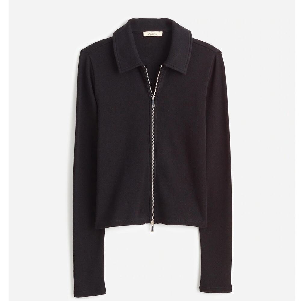 Madewell Top Ribbed Long Sleeve Collared Zip-Front Tee Jet Black NWT Small